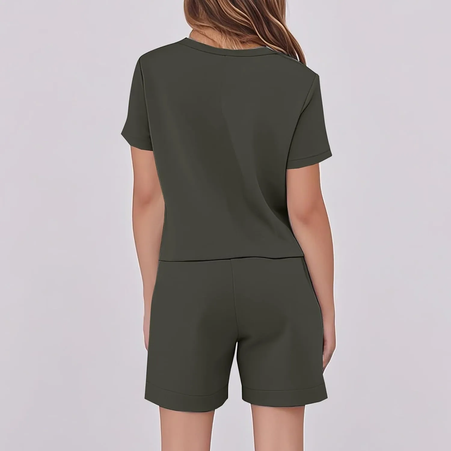 Womens 2 Piece Sets Summer Lounge Set Casual Short Sleeve Round Neck Tops and Shorts Sweatsuit Tracksuit with Pocket