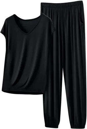 Womens 2 Piece Sets Summer Outfits Soft Modal Cotton Cap Sleeve V Neck T Shirts and Sweat Pants Travel Lounge Sets