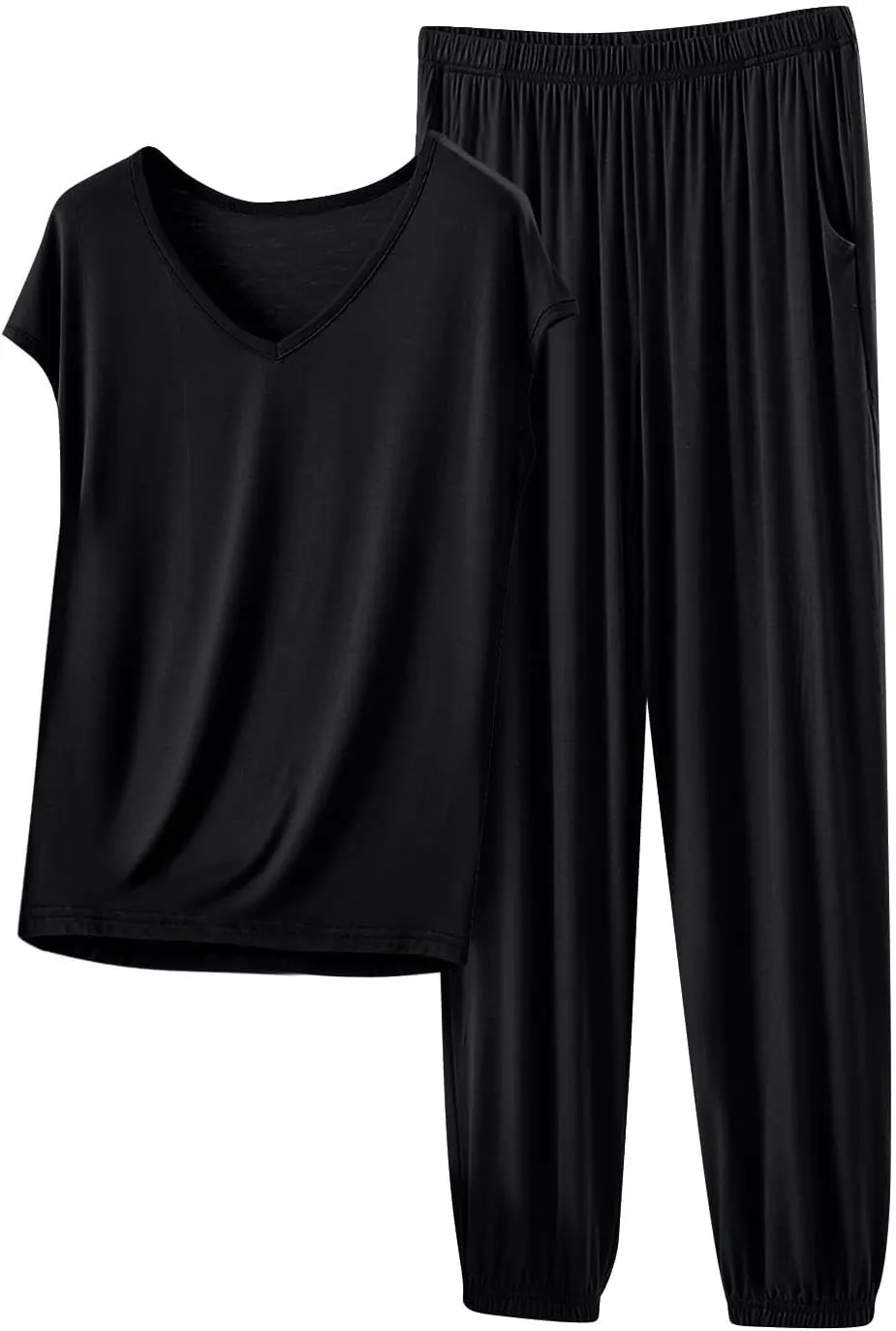 Womens 2 Piece Sets Summer Outfits Soft Modal Cotton Cap Sleeve V Neck T Shirts and Sweat Pants Travel Lounge Sets