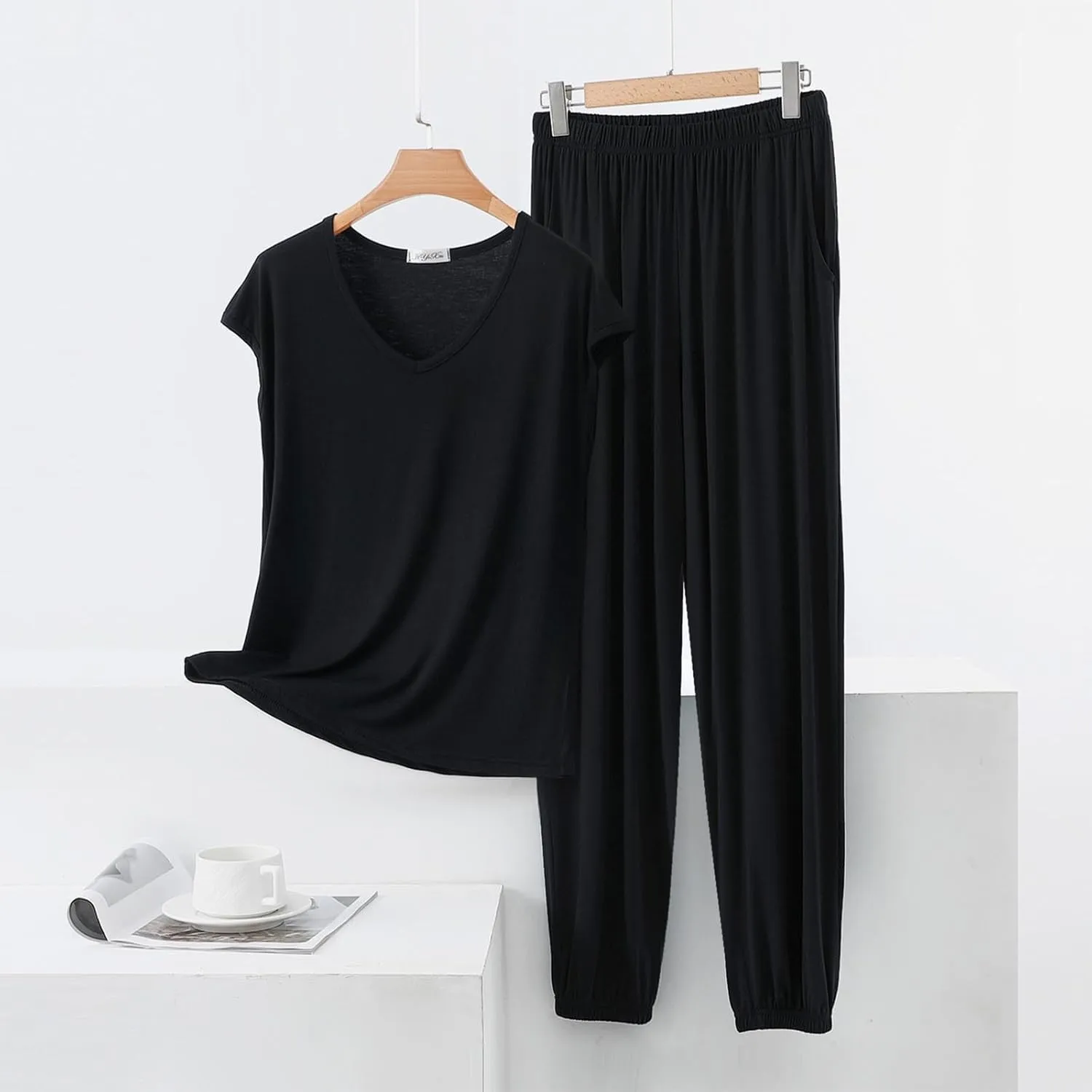 Womens 2 Piece Sets Summer Outfits Soft Modal Cotton Cap Sleeve V Neck T Shirts and Sweat Pants Travel Lounge Sets