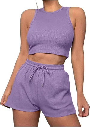 Women's 2 Piece Summer Outfits Crop Tank Top and Drawstring Shorts Workout Yoga Going Out Sets Tracksuit Sweatsuit