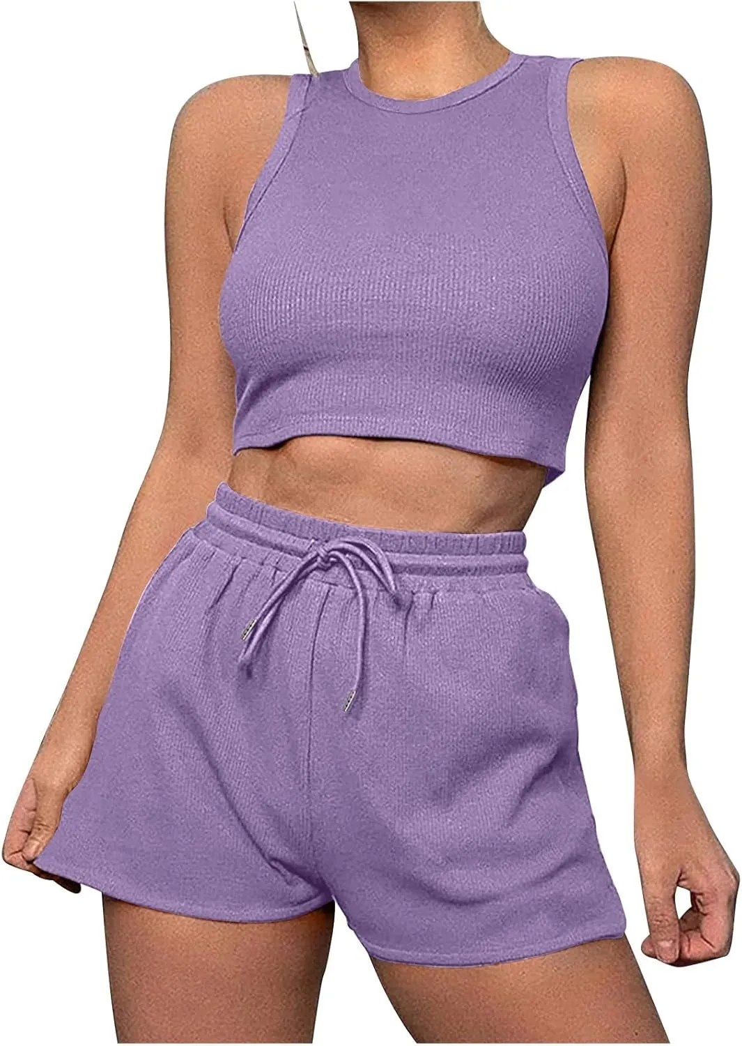 Women's 2 Piece Summer Outfits Crop Tank Top and Drawstring Shorts Workout Yoga Going Out Sets Tracksuit Sweatsuit