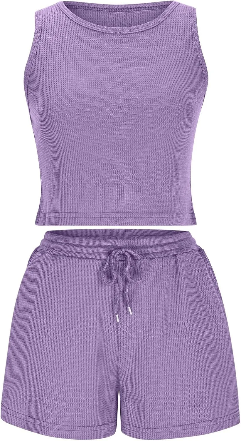 Women's 2 Piece Summer Outfits Crop Tank Top and Drawstring Shorts Workout Yoga Going Out Sets Tracksuit Sweatsuit