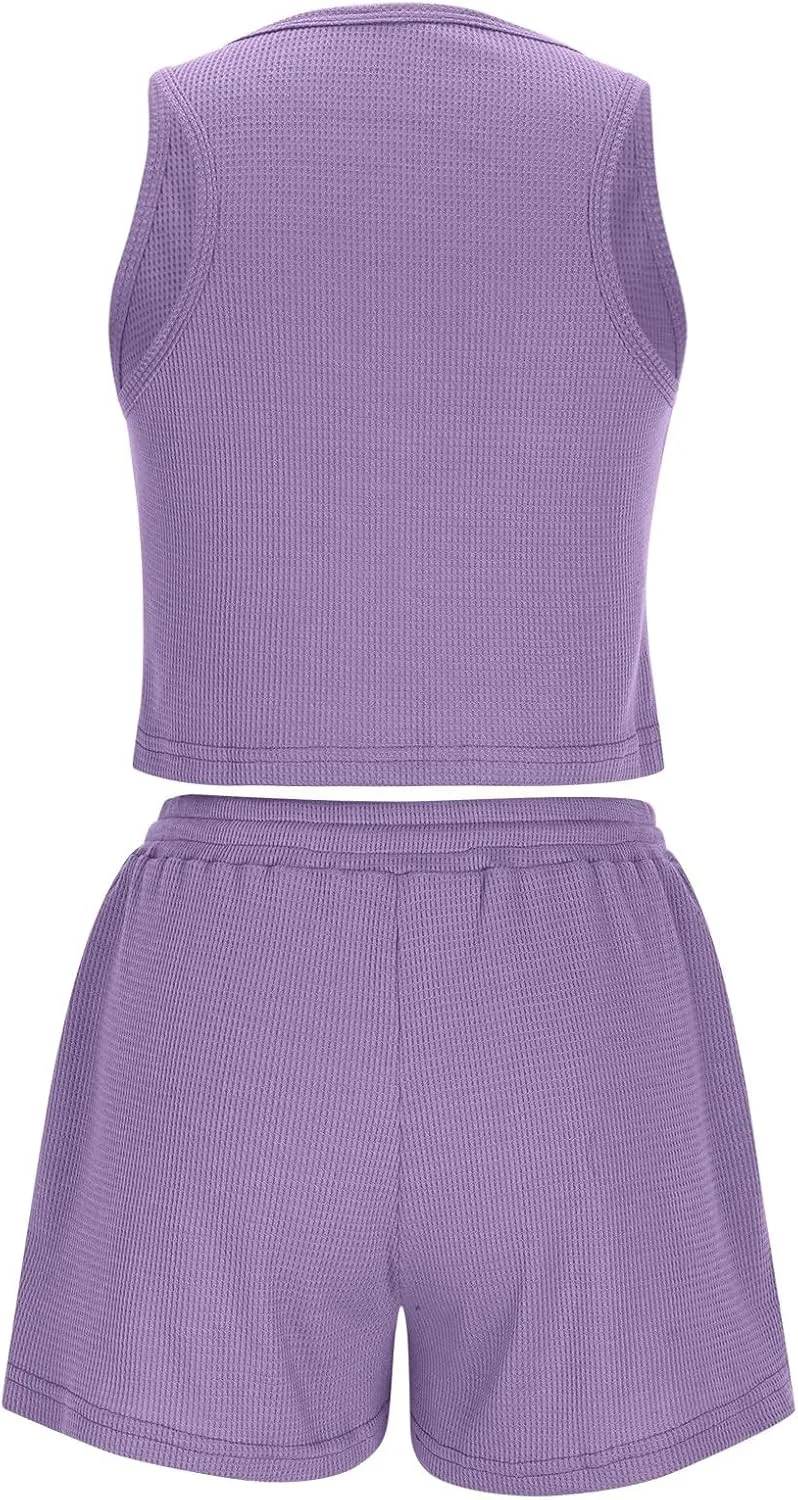 Women's 2 Piece Summer Outfits Crop Tank Top and Drawstring Shorts Workout Yoga Going Out Sets Tracksuit Sweatsuit