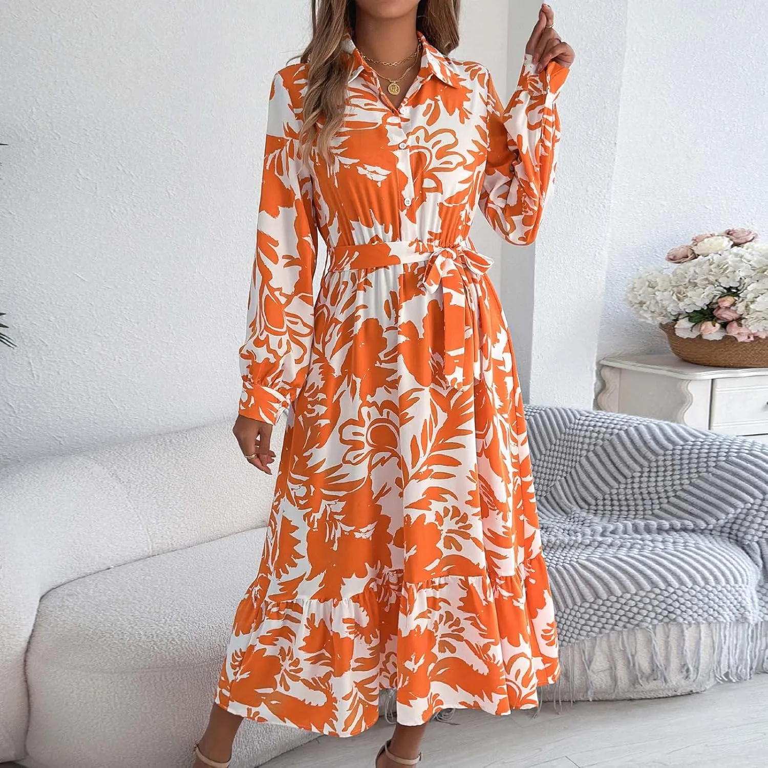 Womens Boho Floral Dresses Long Sleeve Collared Button V Neck A-Line Dress Trendy Classy Outfits Casual Sundress