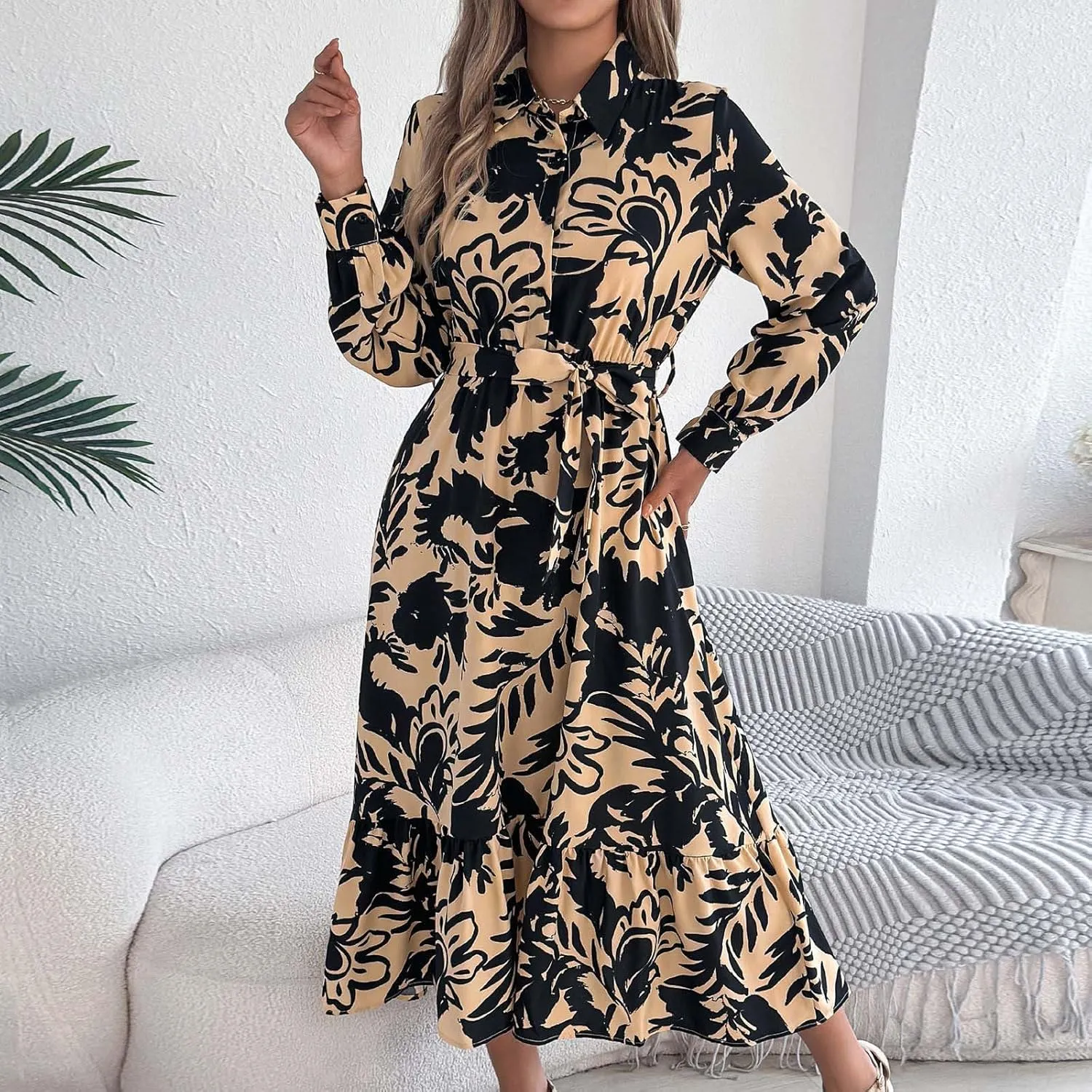 Womens Boho Floral Dresses Long Sleeve Collared Button V Neck A-Line Dress Trendy Classy Outfits Casual Sundress