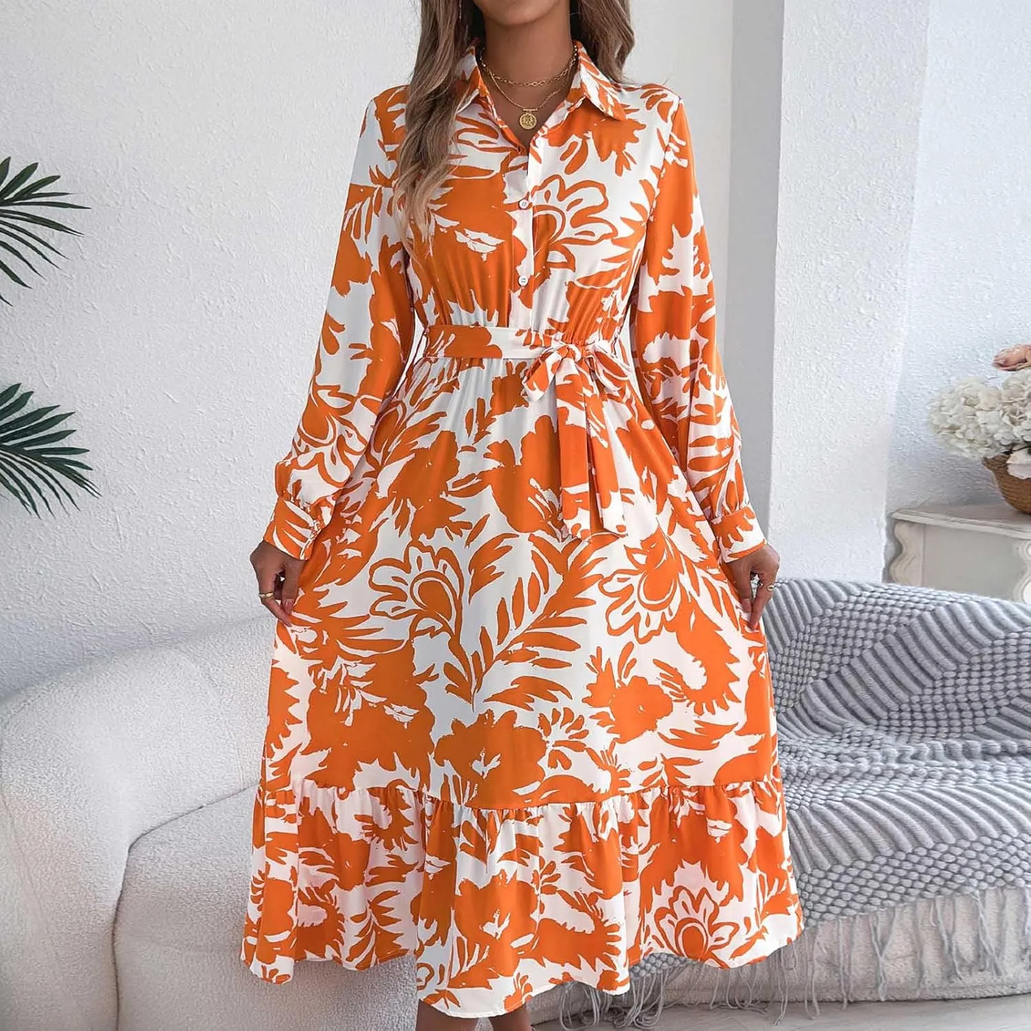 Womens Boho Floral Dresses Long Sleeve Collared Button V Neck A-Line Dress Trendy Classy Outfits Casual Sundress