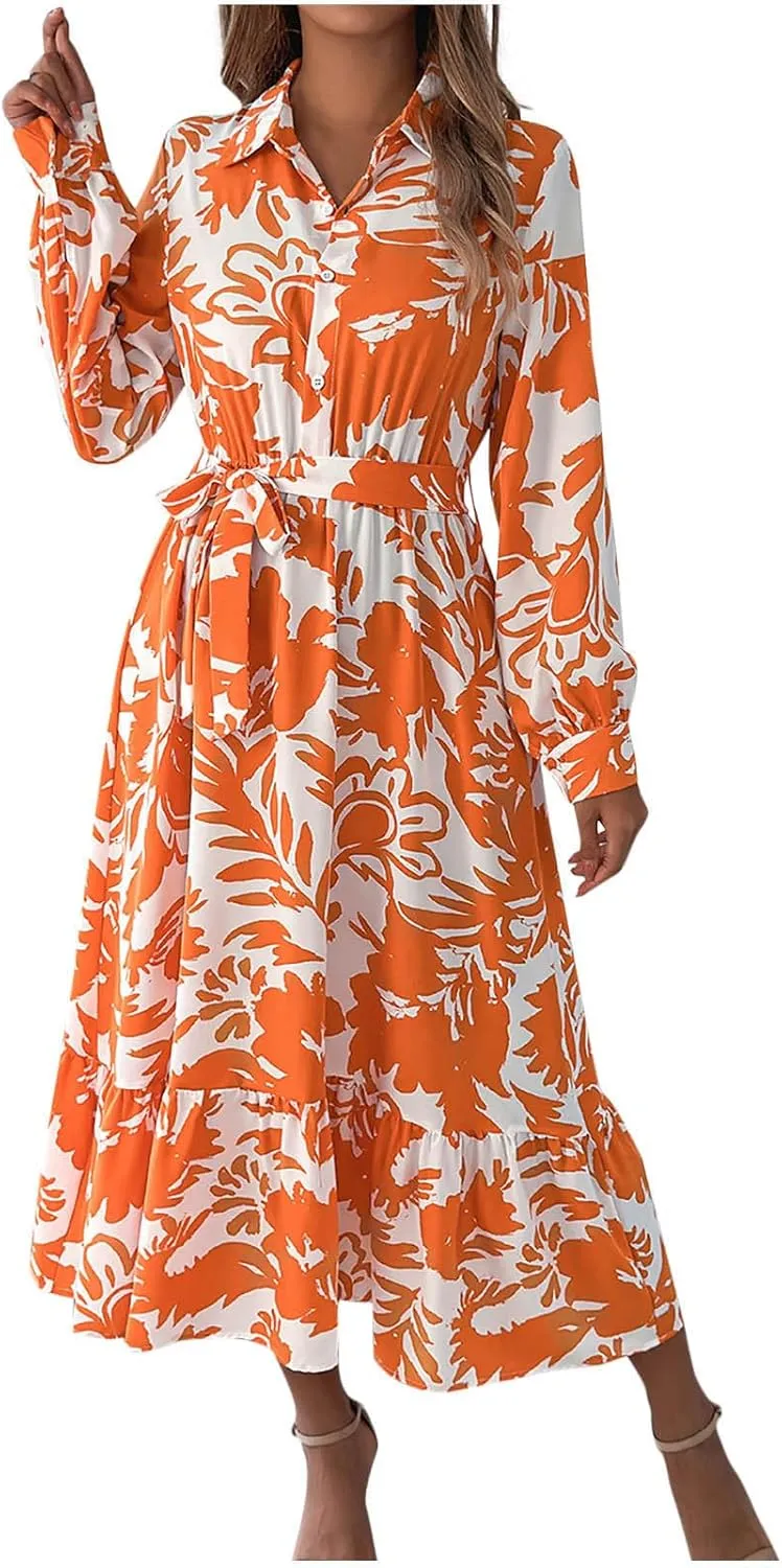 Womens Boho Floral Dresses Long Sleeve Collared Button V Neck A-Line Dress Trendy Classy Outfits Casual Sundress
