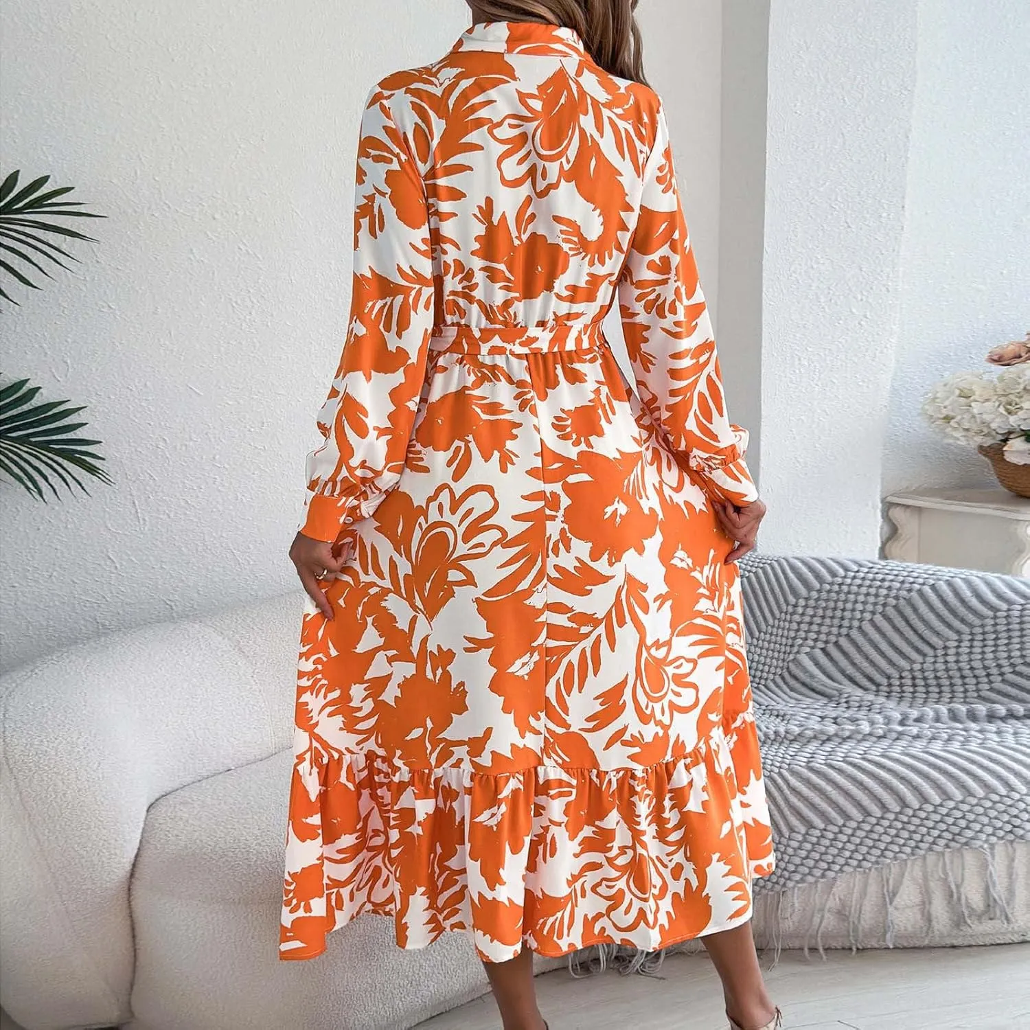 Womens Boho Floral Dresses Long Sleeve Collared Button V Neck A-Line Dress Trendy Classy Outfits Casual Sundress
