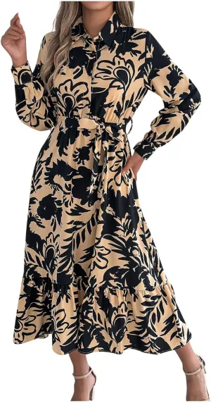Womens Boho Floral Dresses Long Sleeve Collared Button V Neck A-Line Dress Trendy Classy Outfits Casual Sundress