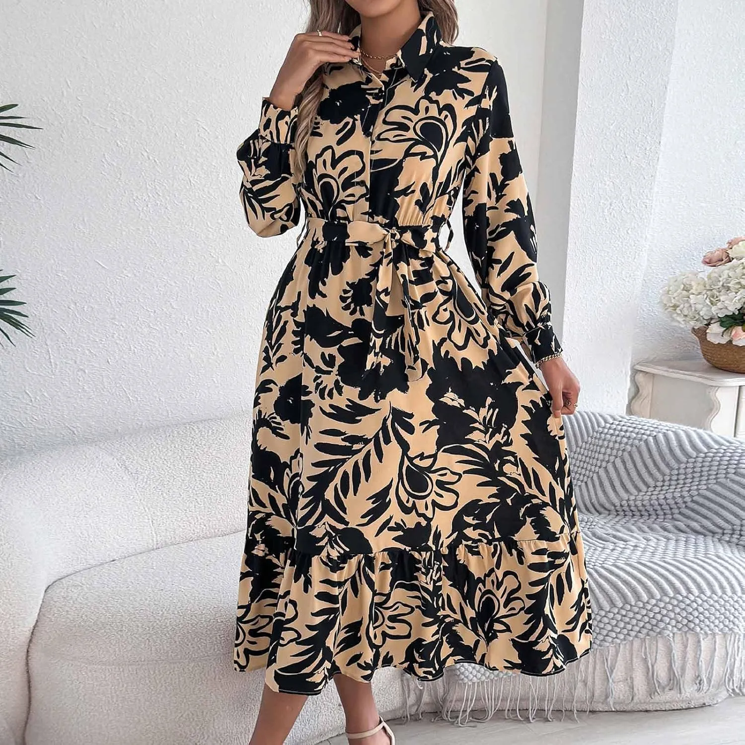 Womens Boho Floral Dresses Long Sleeve Collared Button V Neck A-Line Dress Trendy Classy Outfits Casual Sundress