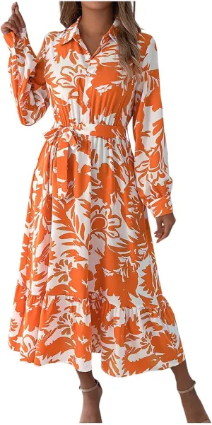 Womens Boho Floral Dresses Long Sleeve Collared Button V Neck A-Line Dress Trendy Classy Outfits Casual Sundress