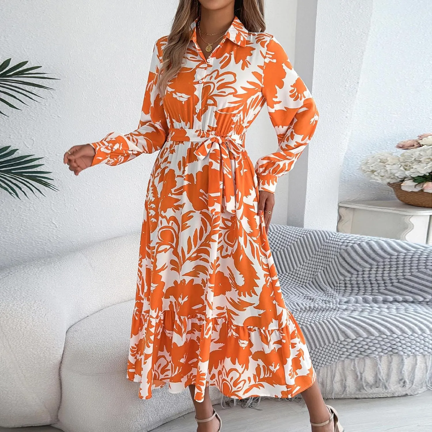 Womens Boho Floral Dresses Long Sleeve Collared Button V Neck A-Line Dress Trendy Classy Outfits Casual Sundress