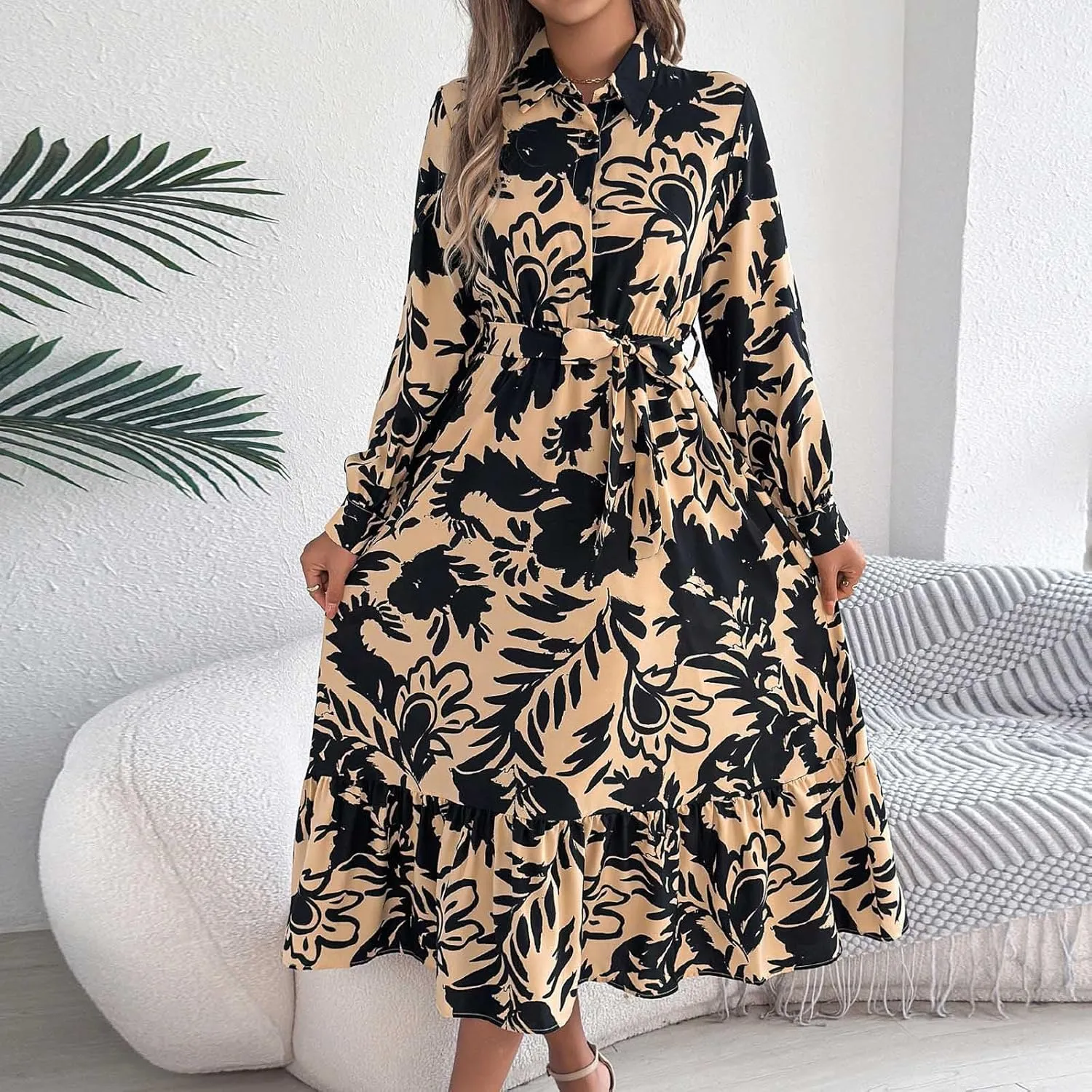 Womens Boho Floral Dresses Long Sleeve Collared Button V Neck A-Line Dress Trendy Classy Outfits Casual Sundress