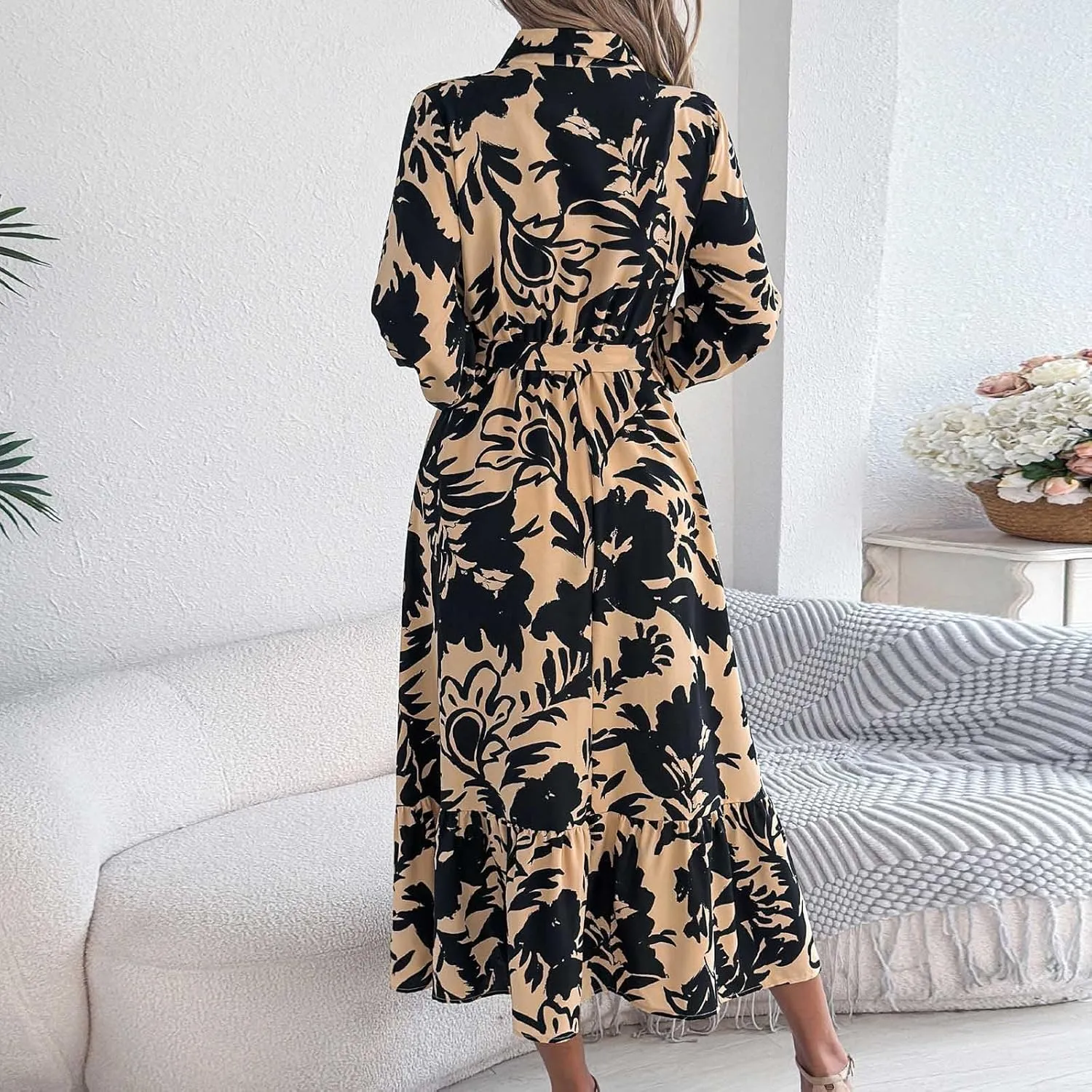 Womens Boho Floral Dresses Long Sleeve Collared Button V Neck A-Line Dress Trendy Classy Outfits Casual Sundress