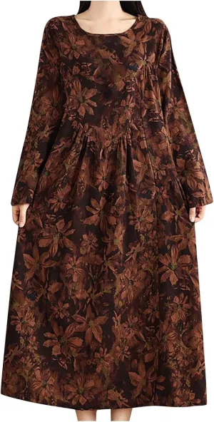Womens Boho Floral Midi Dress Casual Long Sleeve A-Line Cotton Linen Dress Swing Pleated Flowly Beach Tunic Sundress