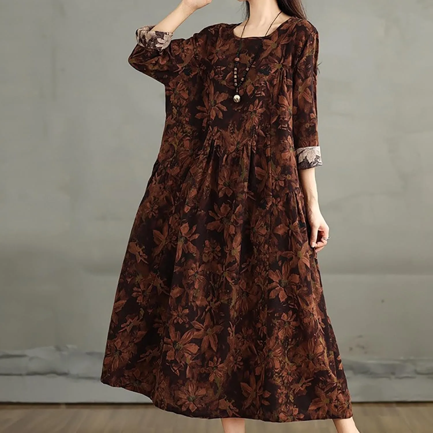 Womens Boho Floral Midi Dress Casual Long Sleeve A-Line Cotton Linen Dress Swing Pleated Flowly Beach Tunic Sundress