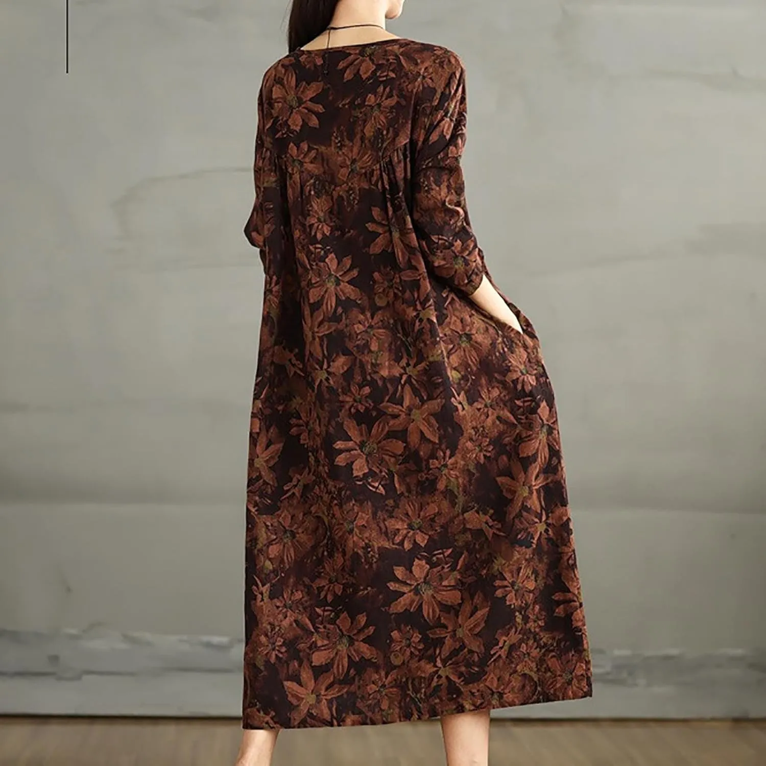 Womens Boho Floral Midi Dress Casual Long Sleeve A-Line Cotton Linen Dress Swing Pleated Flowly Beach Tunic Sundress