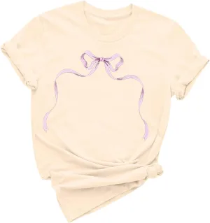 Women's Bow Graphic Tee Shirts Short Sleeve Cute Funny Crewneck T Shirt Casual Loose Fit Tops Summer Outfits Clothes
