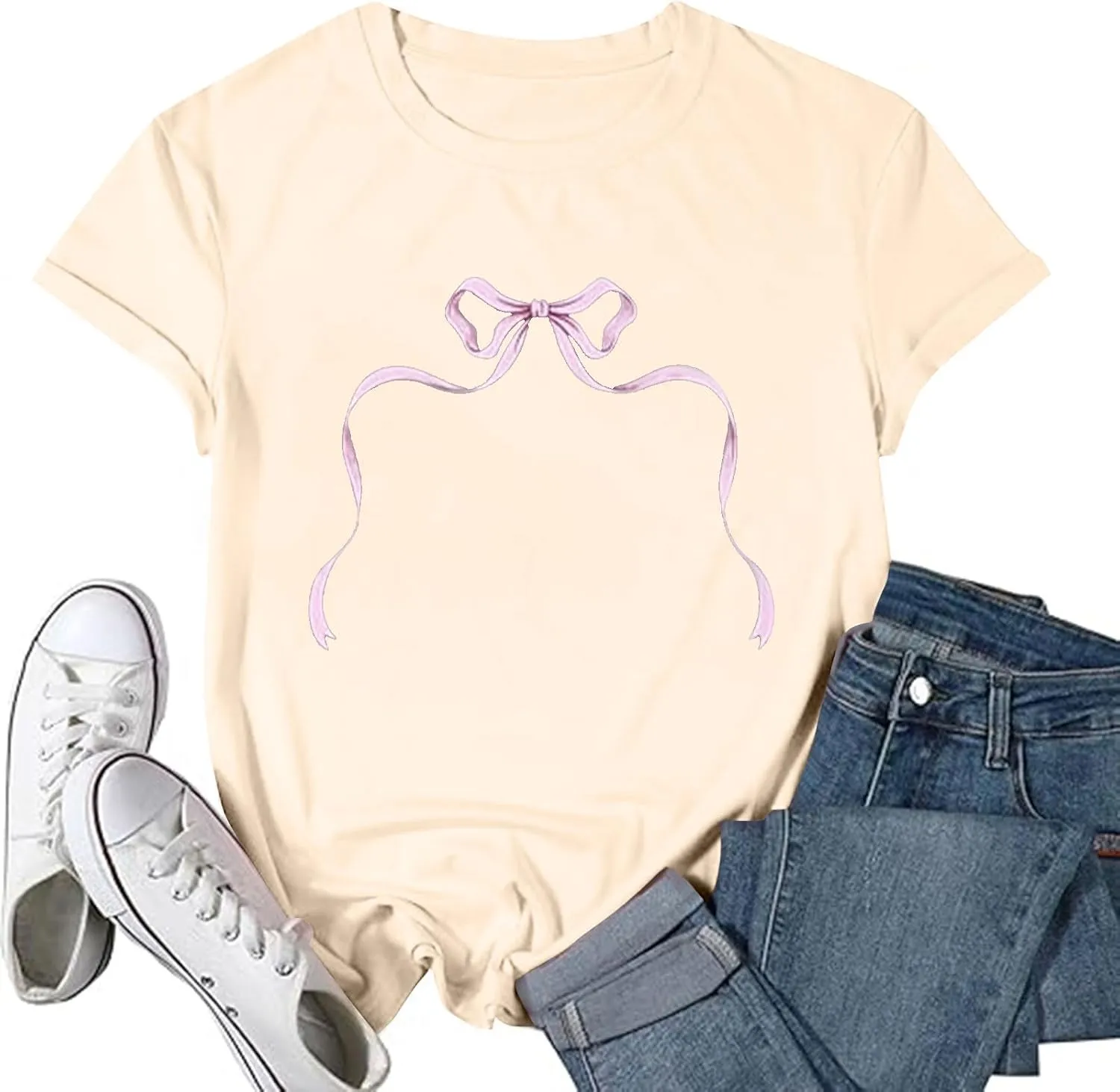 Women's Bow Graphic Tee Shirts Short Sleeve Cute Funny Crewneck T Shirt Casual Loose Fit Tops Summer Outfits Clothes