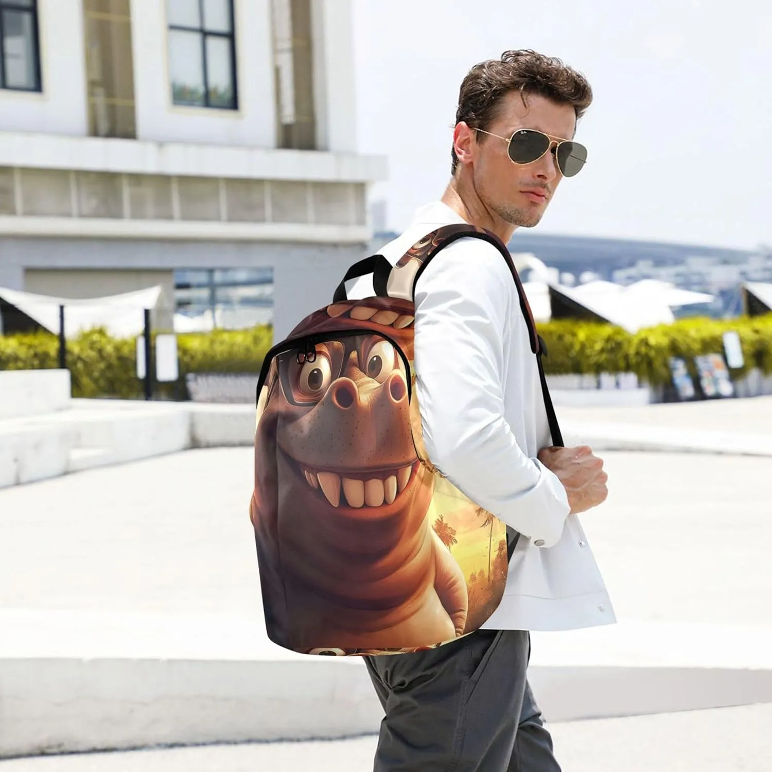 Womens Casual Backpack Daypack Cartoon Hippo Animal Print Funny Daypack School Backpack for Teens