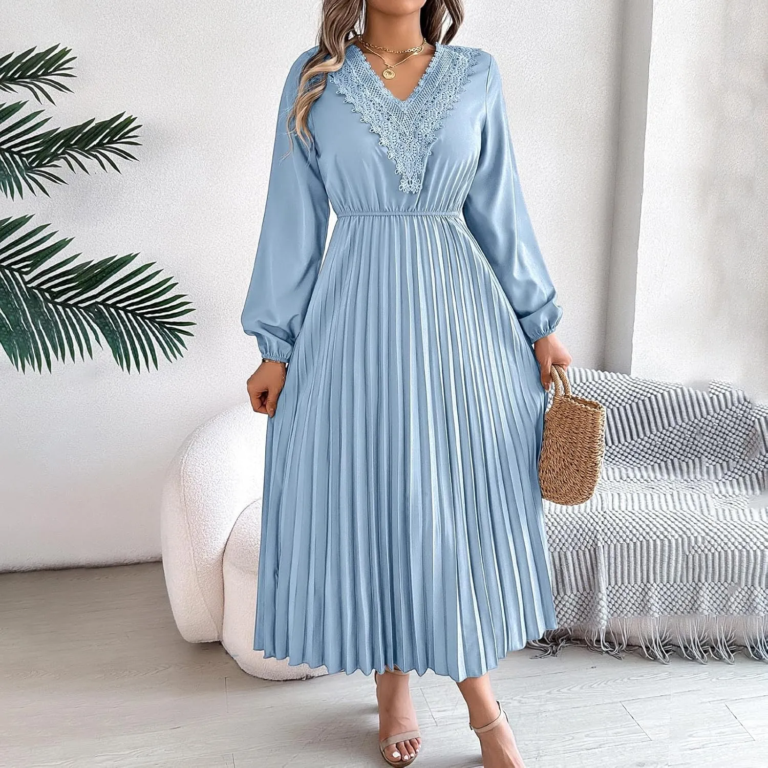 Women's Casual Long Sleeve Dress Lace V Neck Smocked High Waist Pleated Flowy Evening Party Cocktail Maxi Dresses