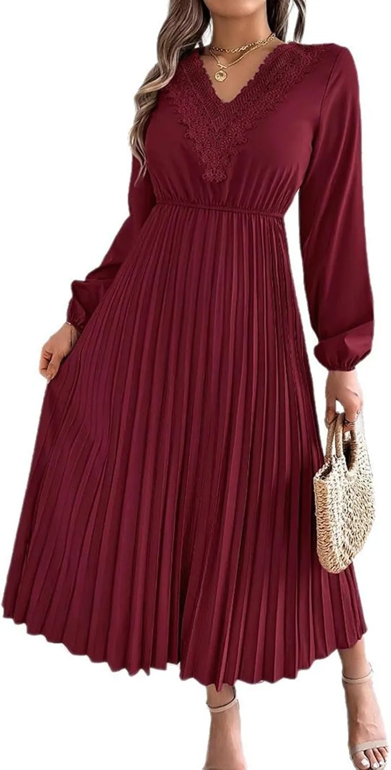 Women's Casual Long Sleeve Dress Lace V Neck Smocked High Waist Pleated Flowy Evening Party Cocktail Maxi Dresses
