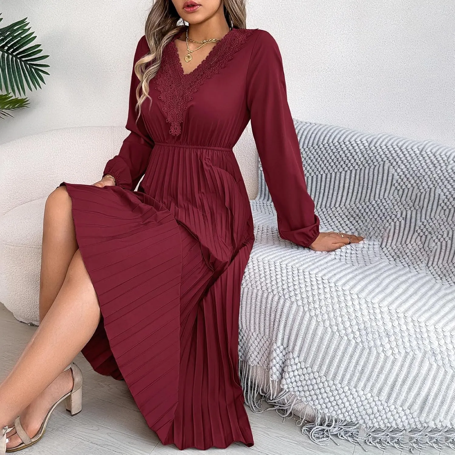 Women's Casual Long Sleeve Dress Lace V Neck Smocked High Waist Pleated Flowy Evening Party Cocktail Maxi Dresses