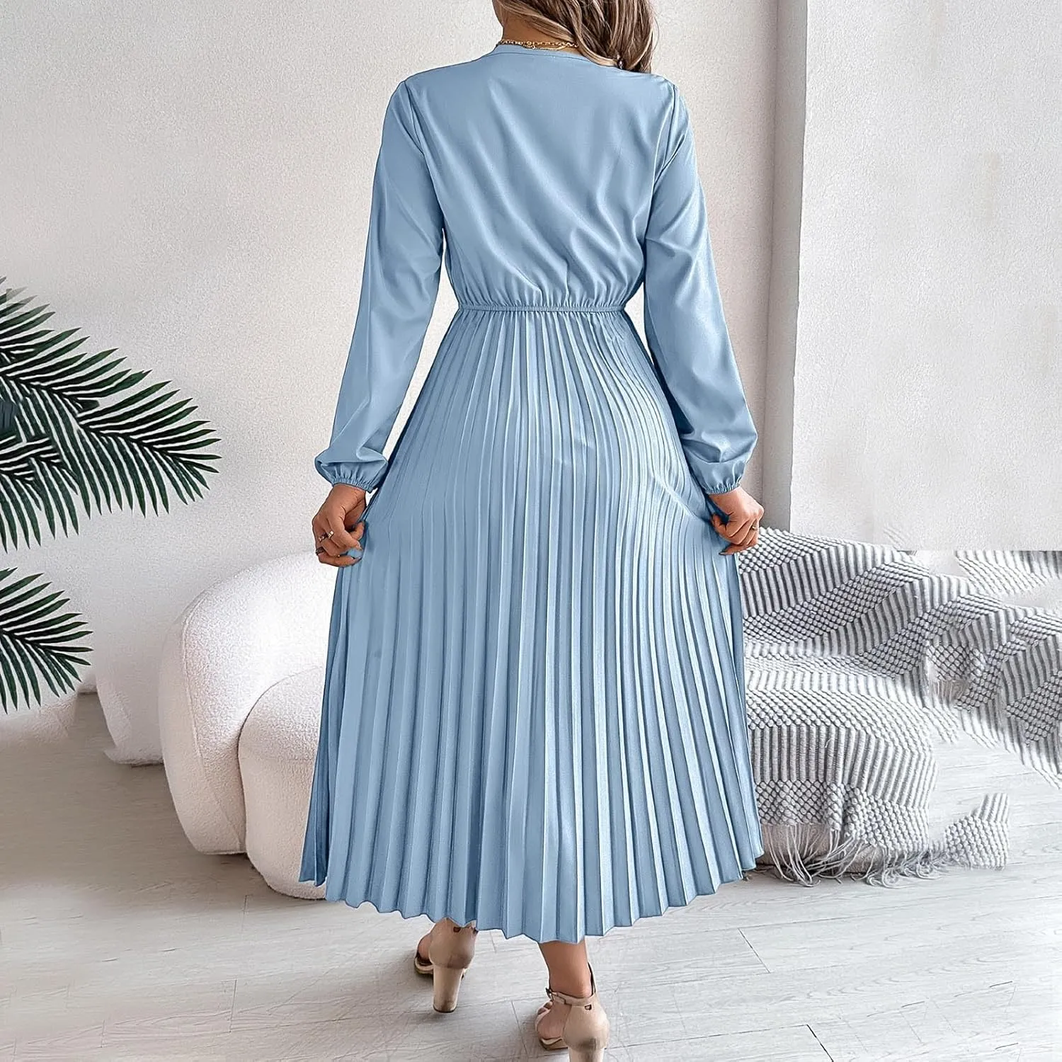 Women's Casual Long Sleeve Dress Lace V Neck Smocked High Waist Pleated Flowy Evening Party Cocktail Maxi Dresses