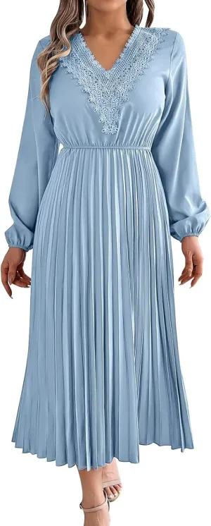 Women's Casual Long Sleeve Dress Lace V Neck Smocked High Waist Pleated Flowy Evening Party Cocktail Maxi Dresses