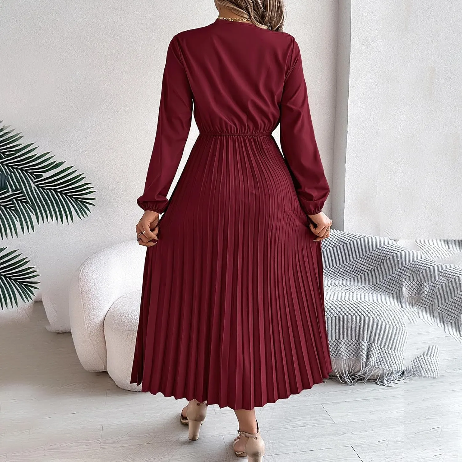 Women's Casual Long Sleeve Dress Lace V Neck Smocked High Waist Pleated Flowy Evening Party Cocktail Maxi Dresses