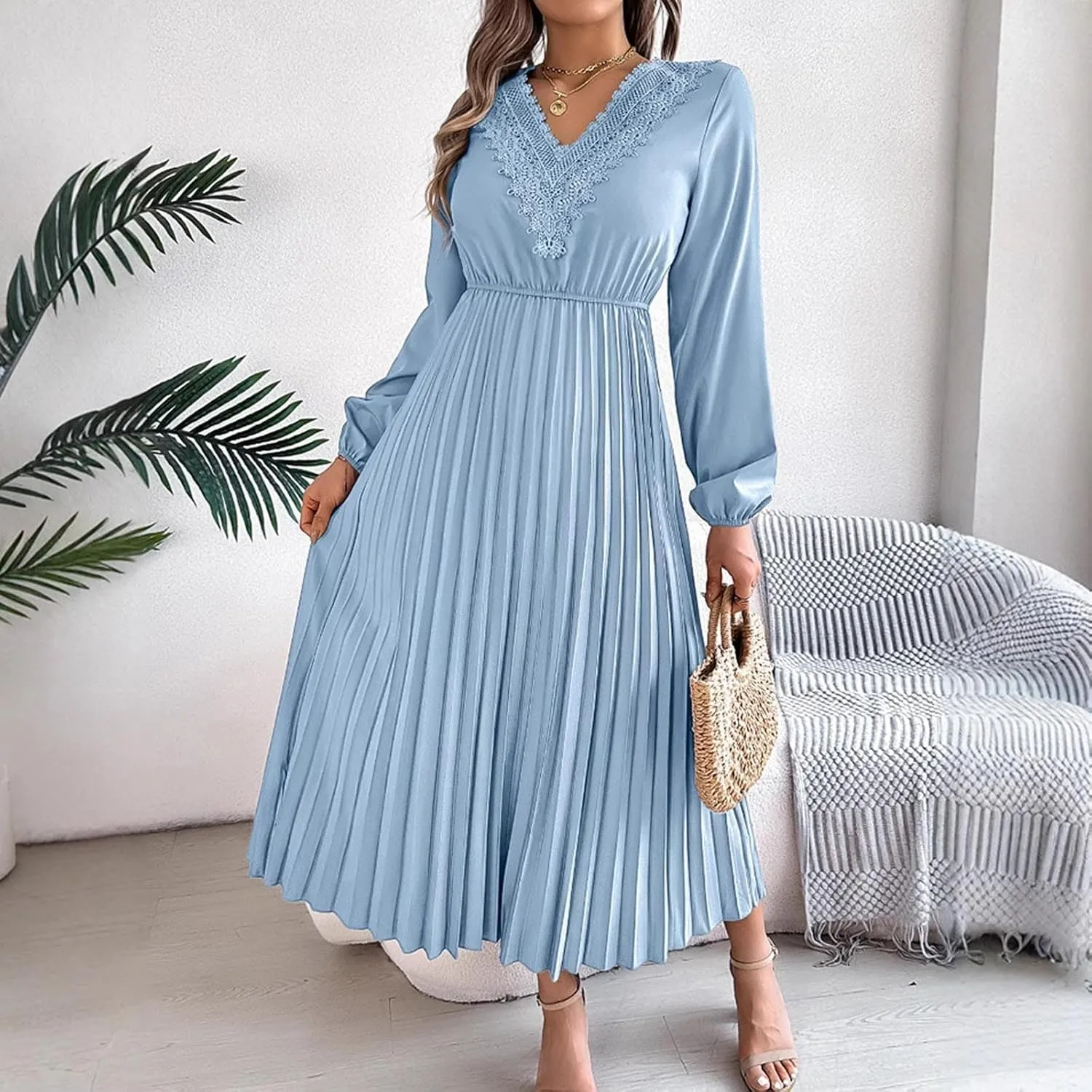 Women's Casual Long Sleeve Dress Lace V Neck Smocked High Waist Pleated Flowy Evening Party Cocktail Maxi Dresses