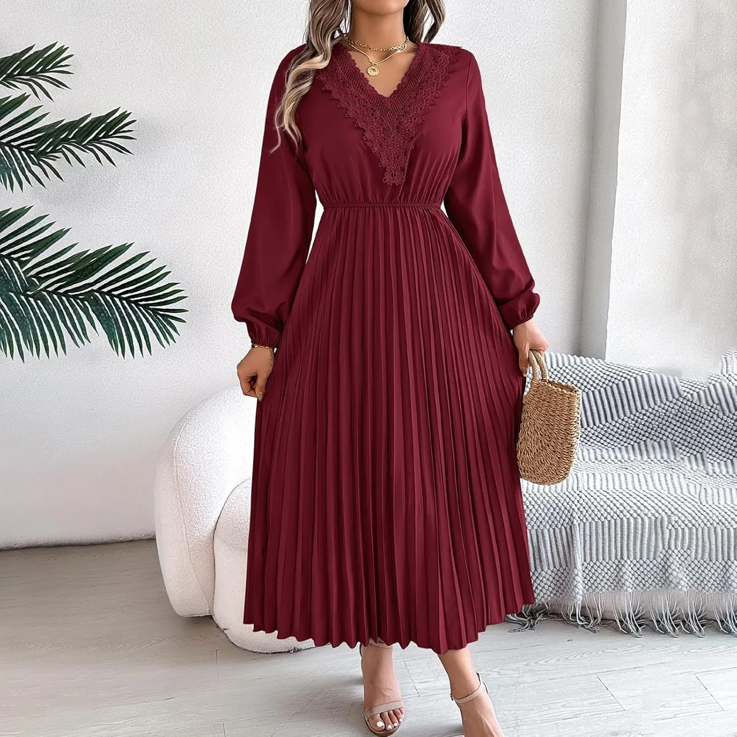 Women's Casual Long Sleeve Dress Lace V Neck Smocked High Waist Pleated Flowy Evening Party Cocktail Maxi Dresses