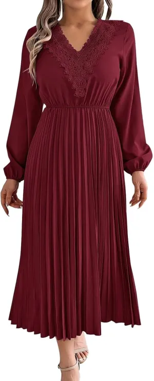 Women's Casual Long Sleeve Dress Lace V Neck Smocked High Waist Pleated Flowy Evening Party Cocktail Maxi Dresses