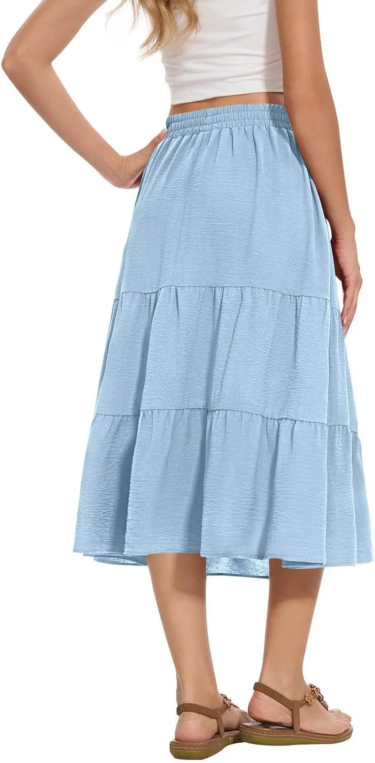 Womens Causal High Waisted Summer Midi Skirts Flowy Palazzo A-Line Long Skirt with Pockets Beach Outfits Clothes
