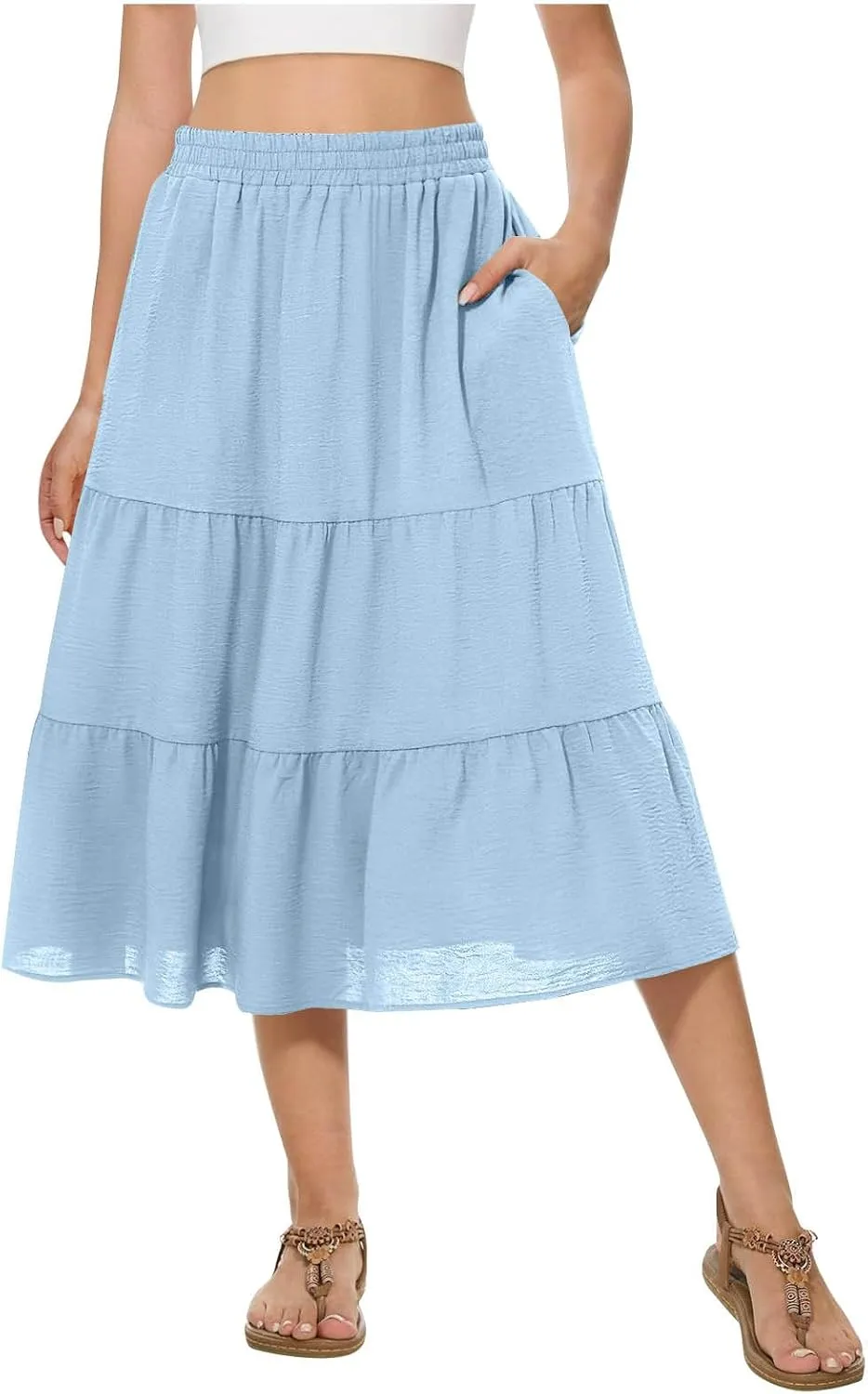Womens Causal High Waisted Summer Midi Skirts Flowy Palazzo A-Line Long Skirt with Pockets Beach Outfits Clothes
