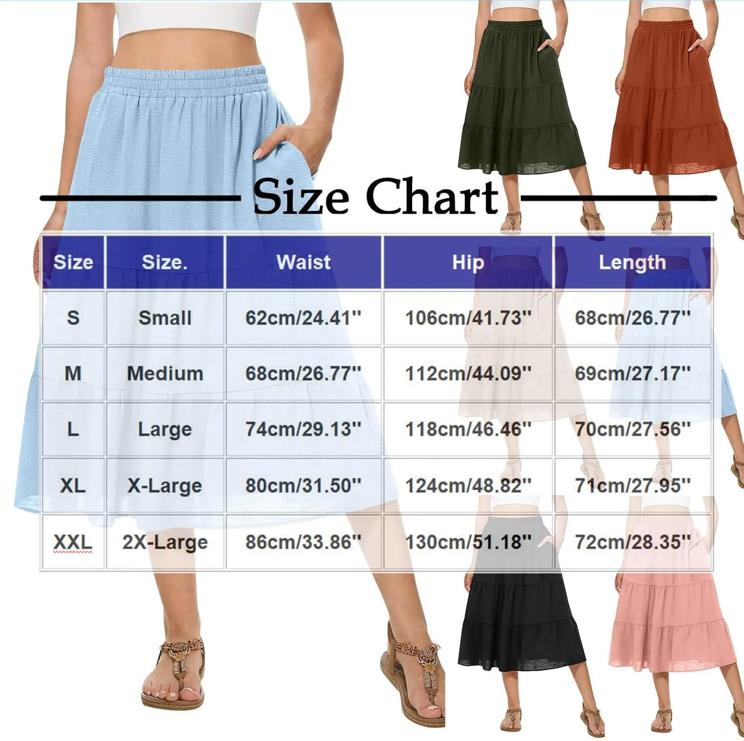 Womens Causal High Waisted Summer Midi Skirts Flowy Palazzo A-Line Long Skirt with Pockets Beach Outfits Clothes