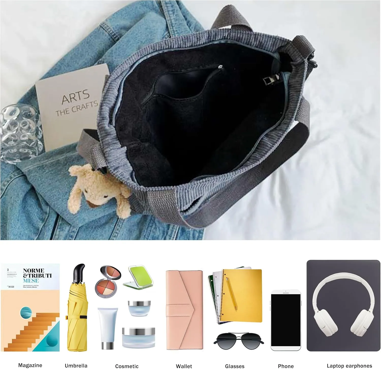 Women's Corduroy Tote Bag Zipper Tote's Handbag Retro Large Hobo Crossbody Handbag Casual Tote Shoulder Bag Gifts