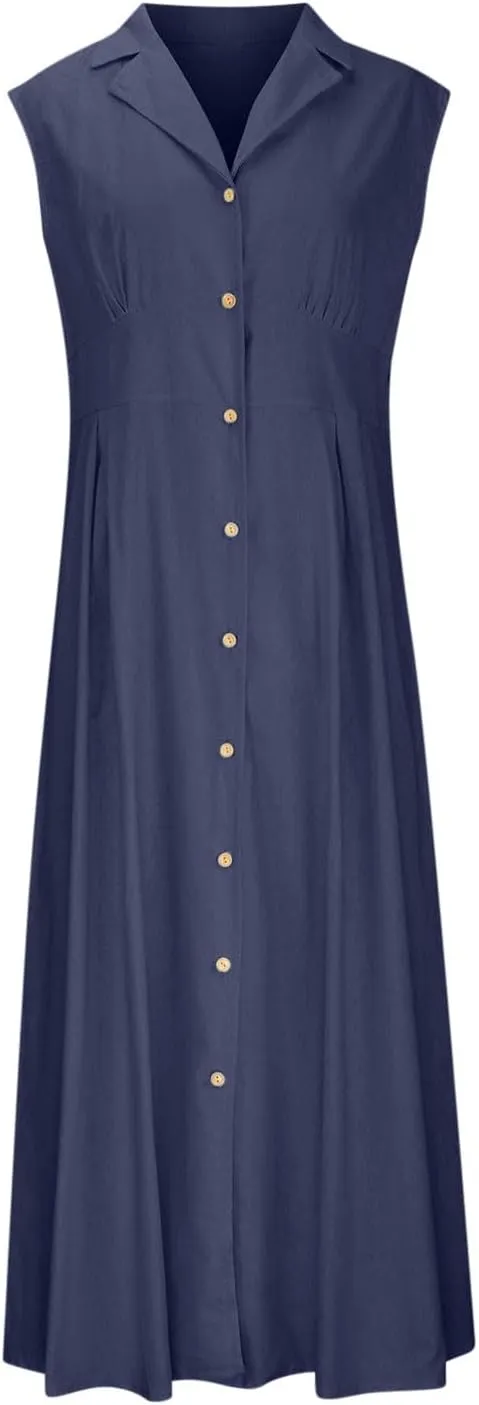 Womens Cotton Linen Button Down Shirt Dress Sleeveless Business Casual Collared Work Dresses Summer Clothes Outfits