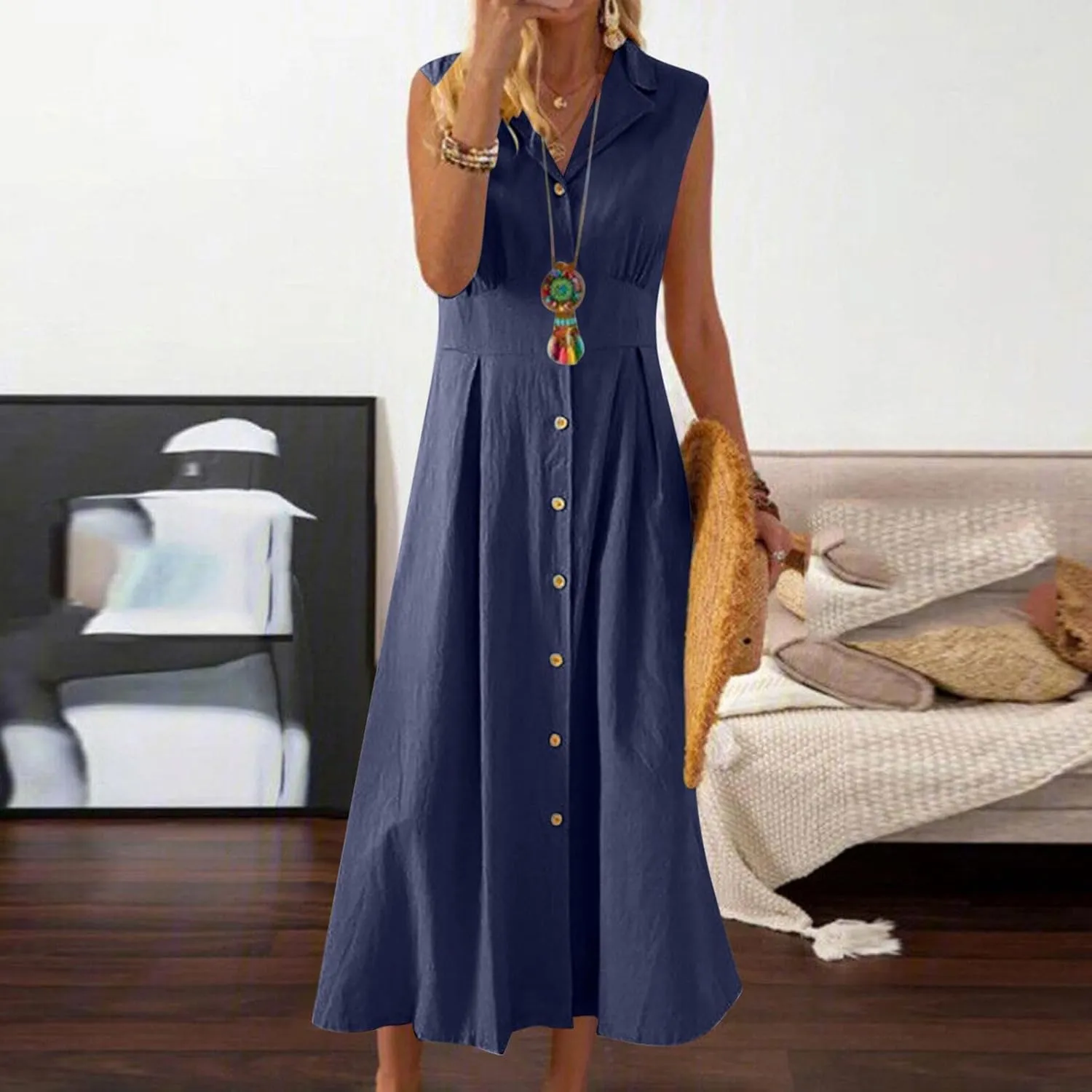 Womens Cotton Linen Button Down Shirt Dress Sleeveless Business Casual Collared Work Dresses Summer Clothes Outfits