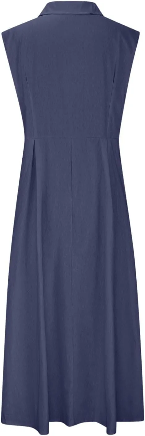 Womens Cotton Linen Button Down Shirt Dress Sleeveless Business Casual Collared Work Dresses Summer Clothes Outfits