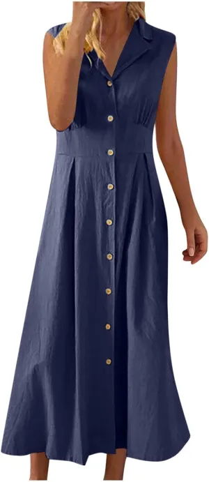 Womens Cotton Linen Button Down Shirt Dress Sleeveless Business Casual Collared Work Dresses Summer Clothes Outfits