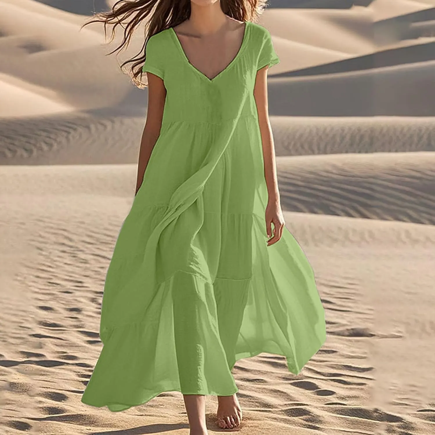 Women's Cotton Linen Dresses Summer Short Sleeve V Neck Comfy Travel Sundresses Beach Wear Trendy Vacation Clothes