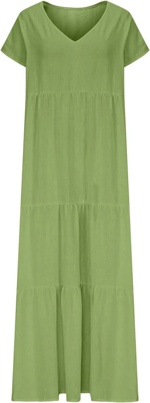 Women's Cotton Linen Dresses Summer Short Sleeve V Neck Comfy Travel Sundresses Beach Wear Trendy Vacation Clothes
