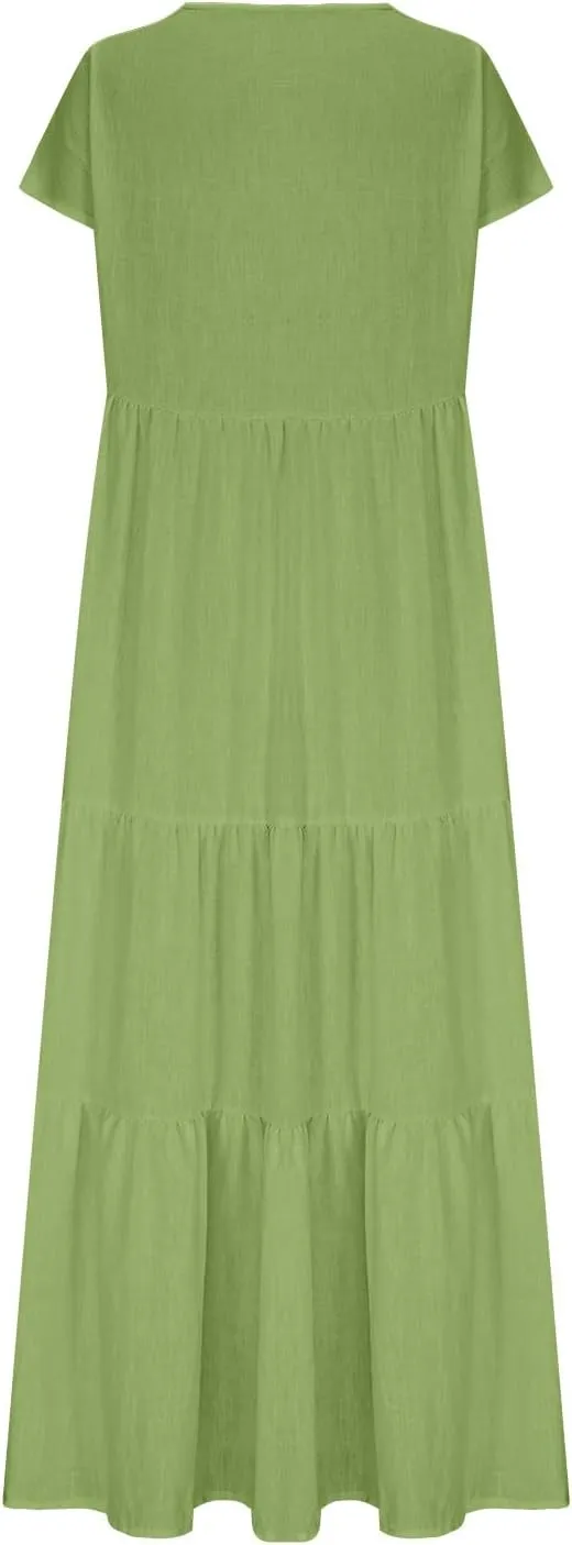 Women's Cotton Linen Dresses Summer Short Sleeve V Neck Comfy Travel Sundresses Beach Wear Trendy Vacation Clothes