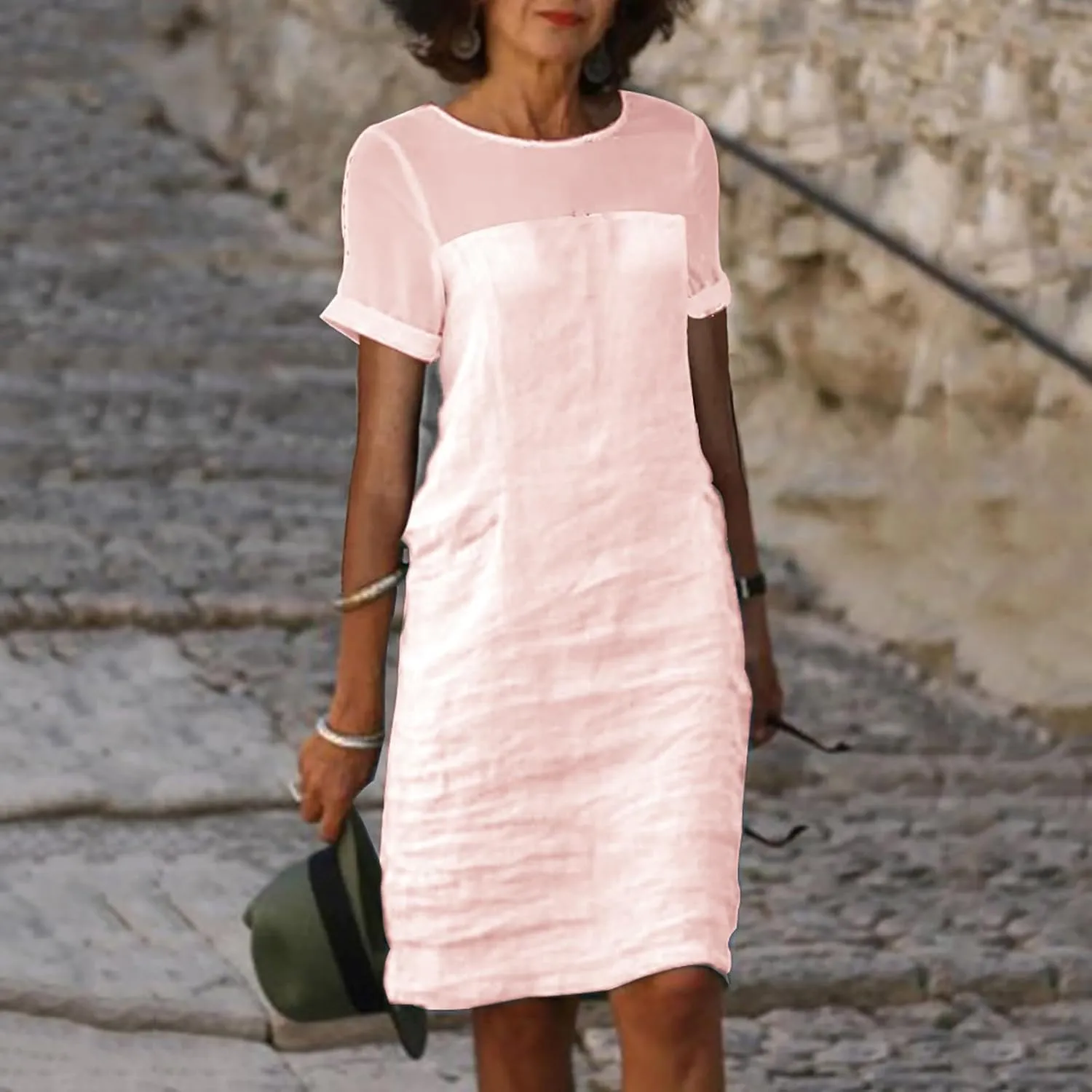 Womens Cotton Linen Midi Dress Mesh Patchwork Summer Fashion Short Sleeve Beach Vacation Dresses Dressy Sundress