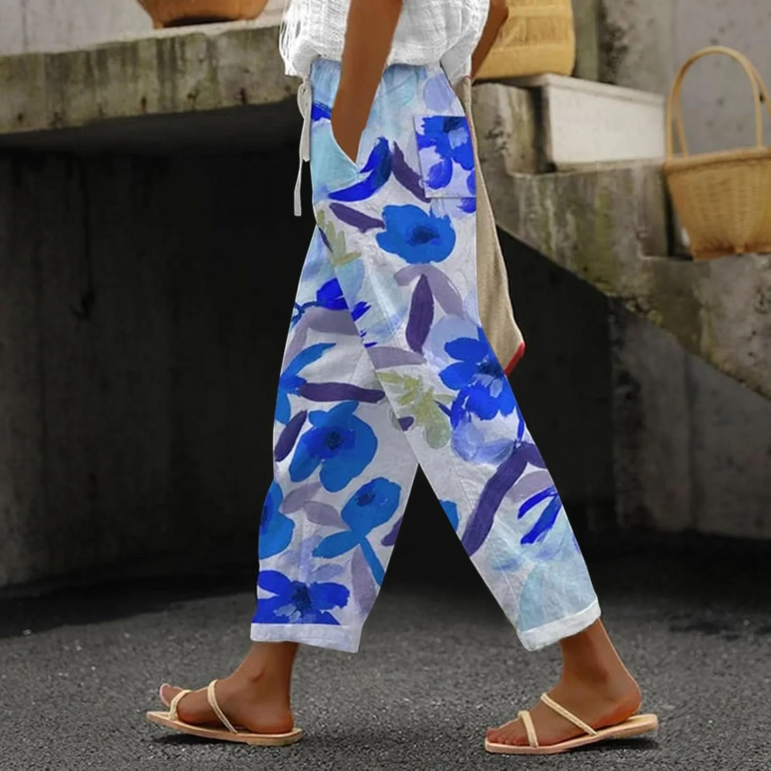Womens Cotton Linen Pants Casual Drawstring Capri Linen Pants for Women White