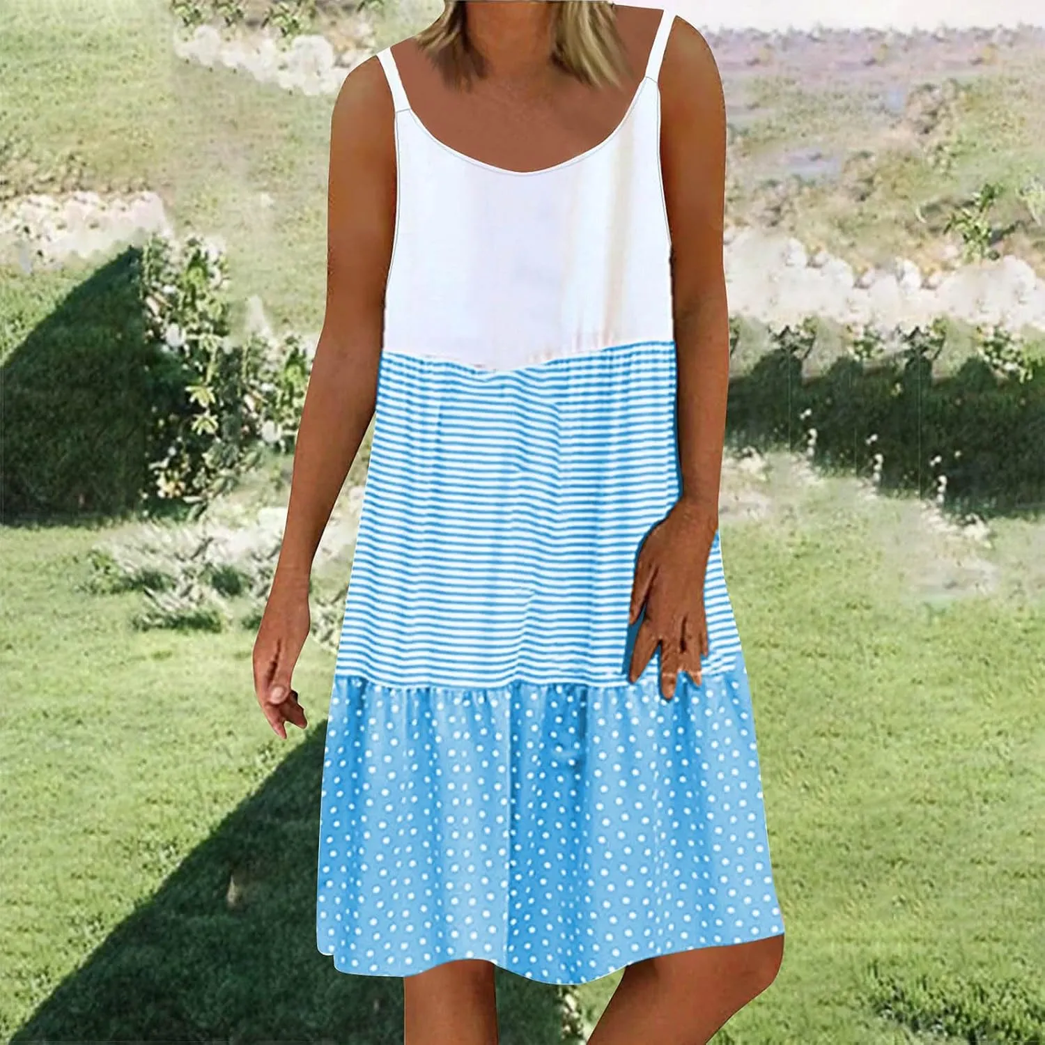 Womens Dress Spaghetti Strap Swing Sleeveless Layered Flowy Going Out Dress Summer Loose Fit Beach Vacation Sundress