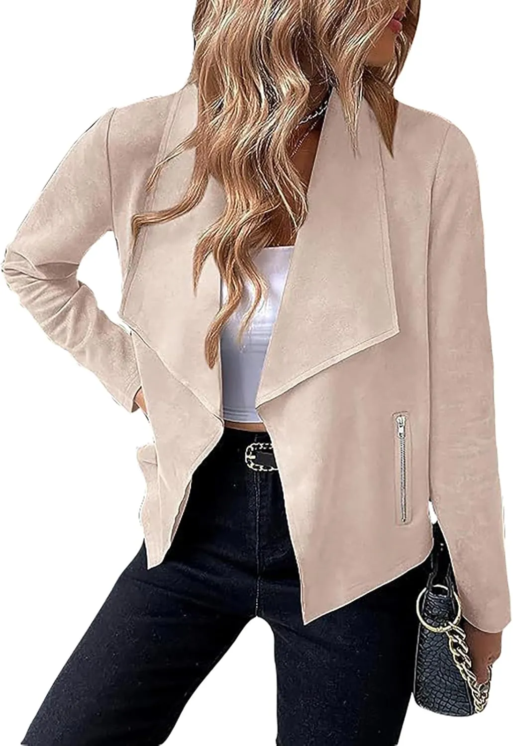 Women's Faux Suede Jacket 2024 Fall Long Sleeve Zipper Lapel Cropped Coat with Pockets Y2K Moto Jackets Outwear