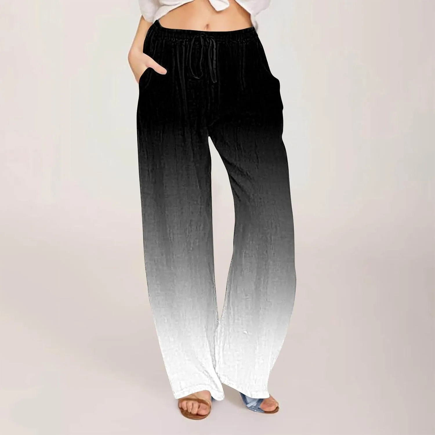 Women's Gradient Palazzo Pants 2025 Summer Casual Boho Wide Leg Drawstring High Waist Lounge Trousers with Pockets
